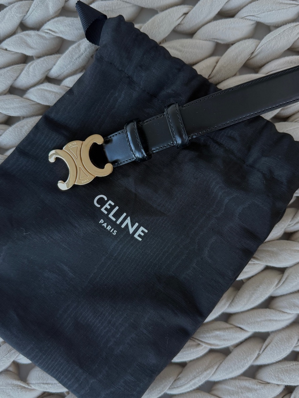 CELINE Black Leather Triomphe Belt with Gold Buckle